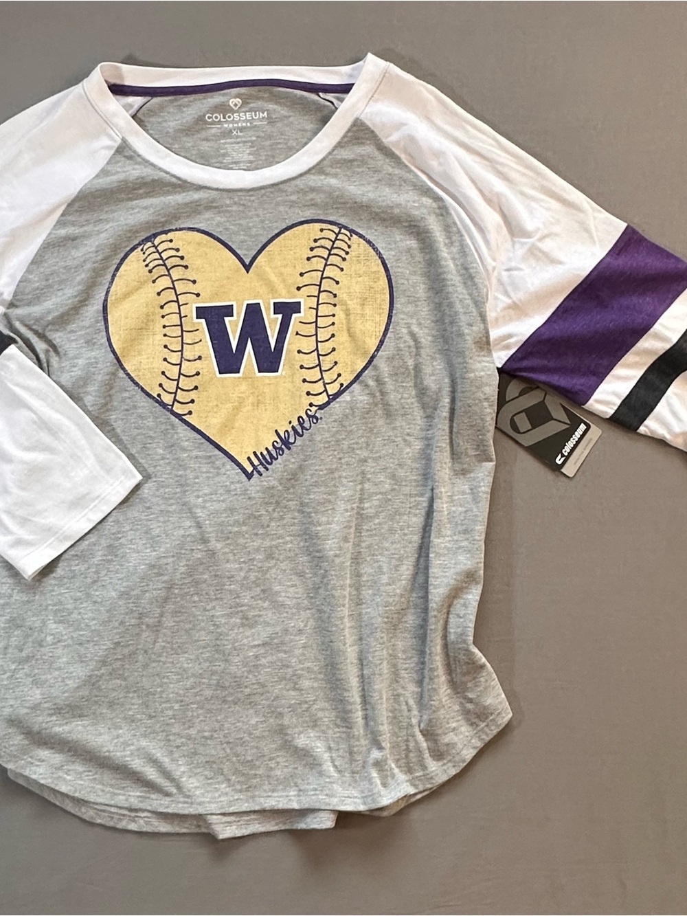 UW Huskies Colosseum Gray, White & Purple Huskies Heart Softball Raglan Tee